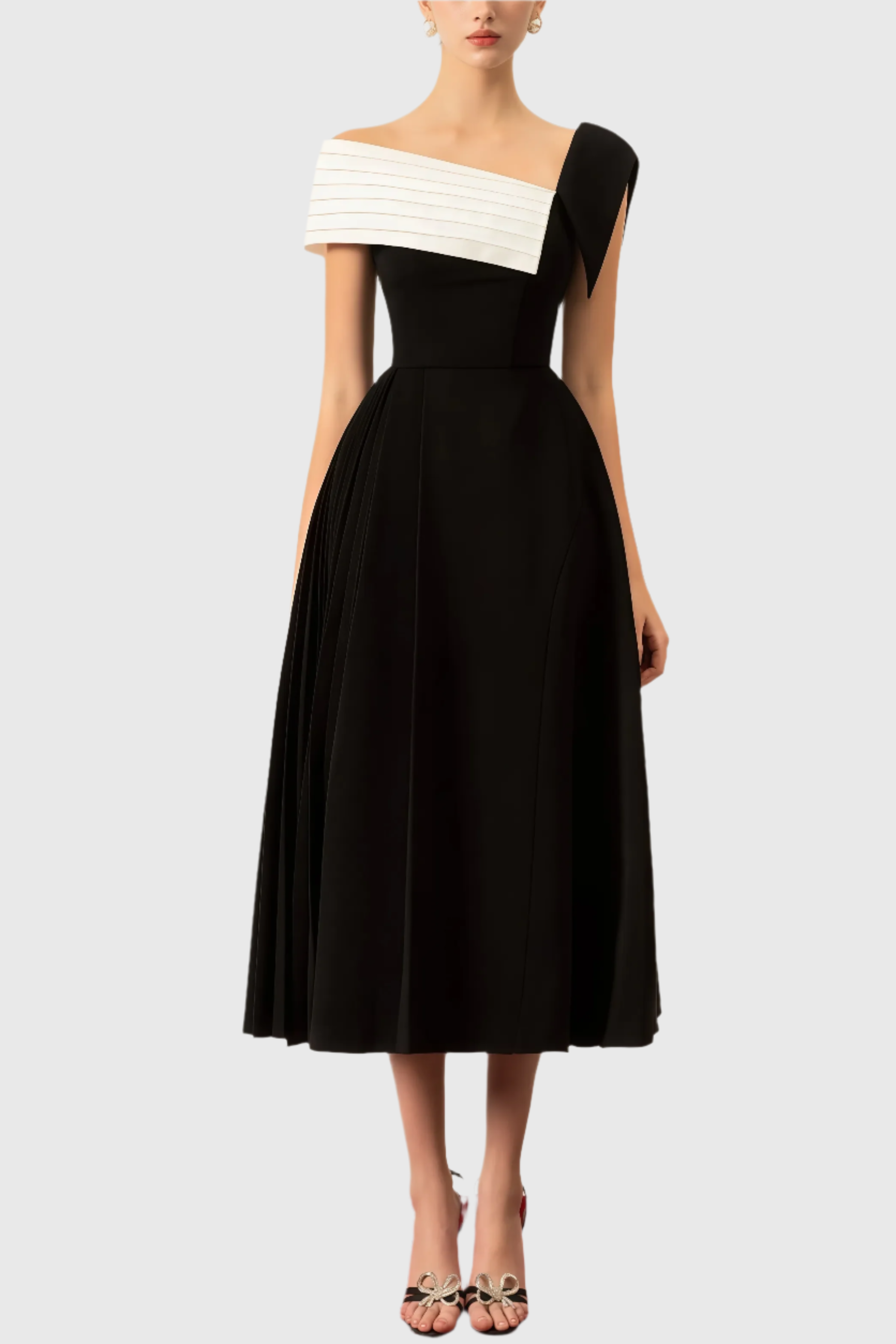 Black and white strapless asymmetrical midi dress