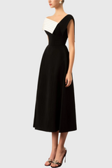 Black and white strapless asymmetrical midi dress