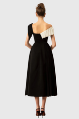 Black and white strapless asymmetrical midi dress