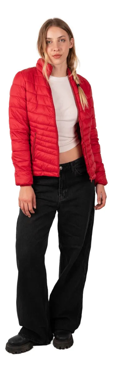 Red lightweight puffer jacket with stand-up collar