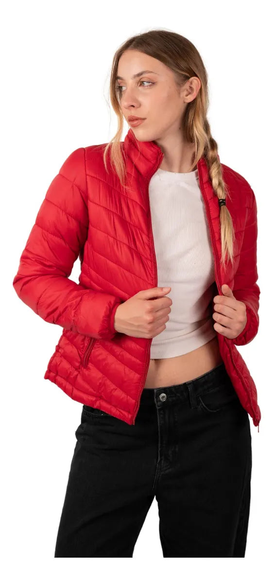 Red lightweight puffer jacket with stand-up collar