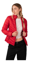 Red lightweight puffer jacket with stand-up collar