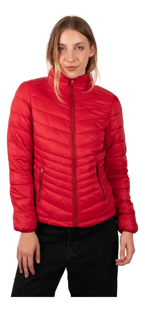 Red lightweight puffer jacket with stand-up collar