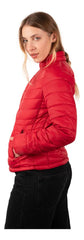 Red lightweight puffer jacket with stand-up collar