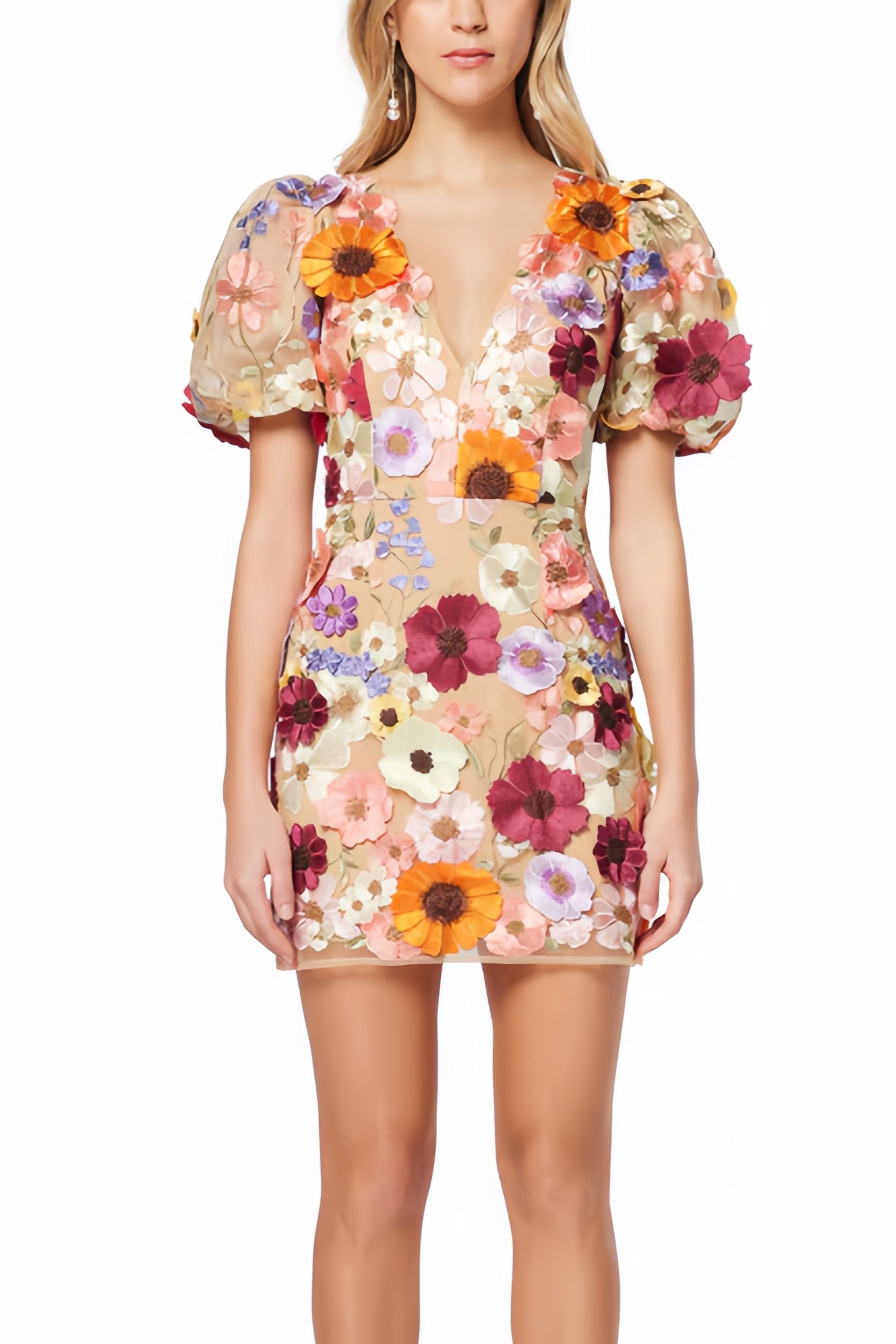 Floral print mini dress with puff sleeves and plunging neckline