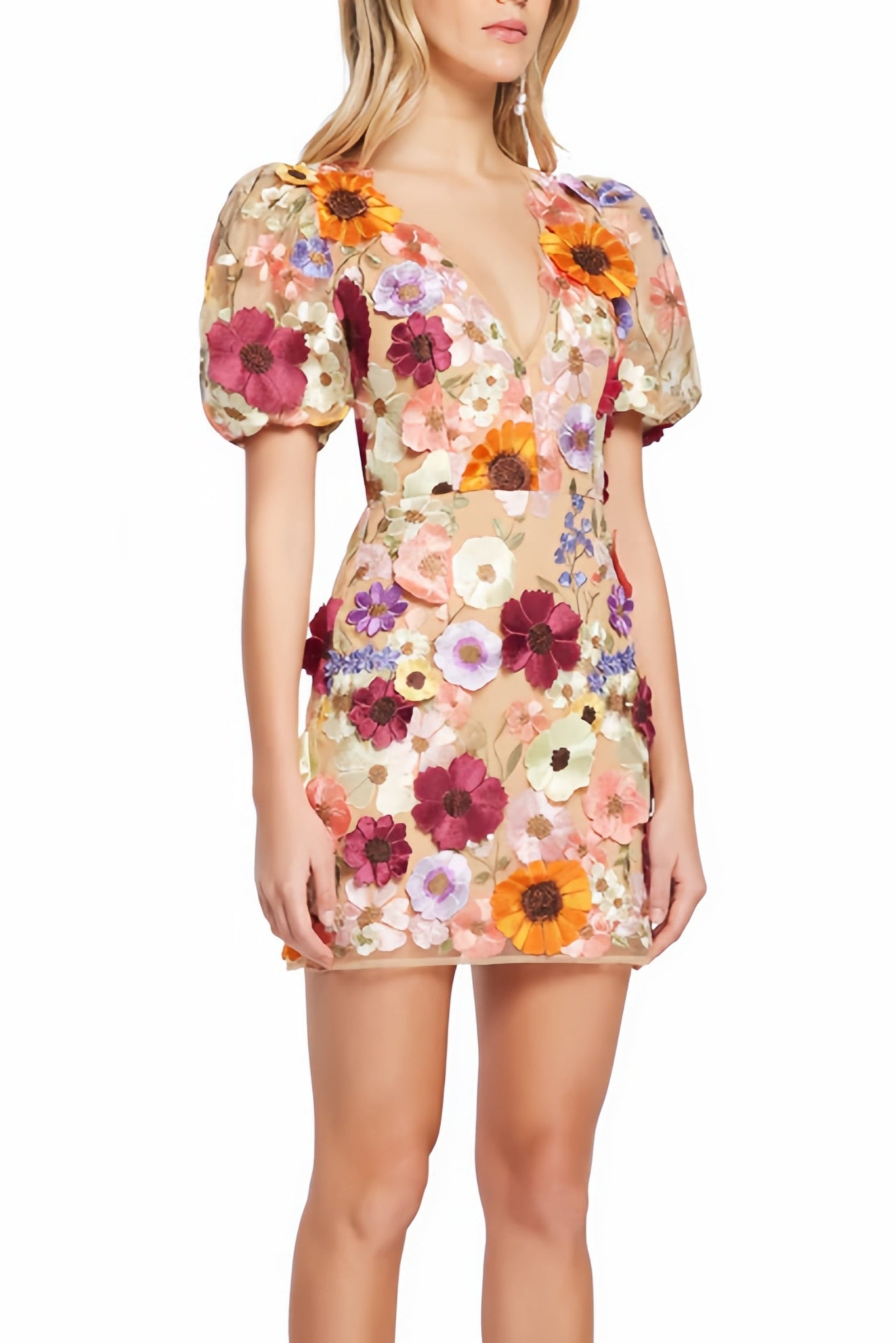 Floral print mini dress with puff sleeves and plunging neckline
