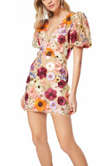 Floral print mini dress with puff sleeves and plunging neckline