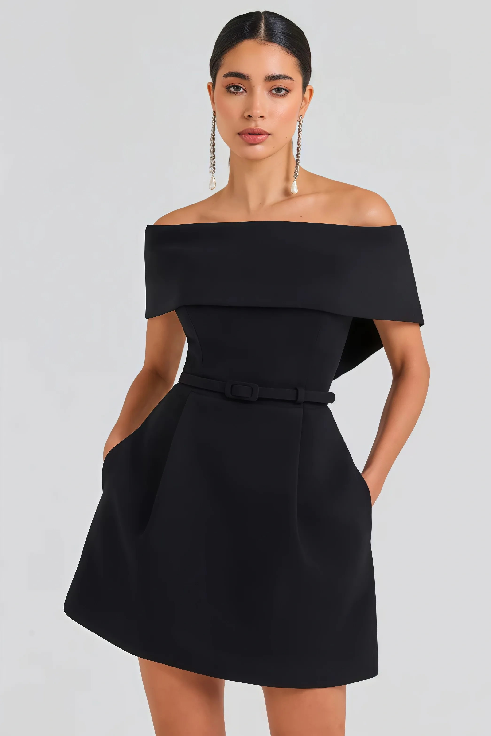 Black strapless mini dress with belt