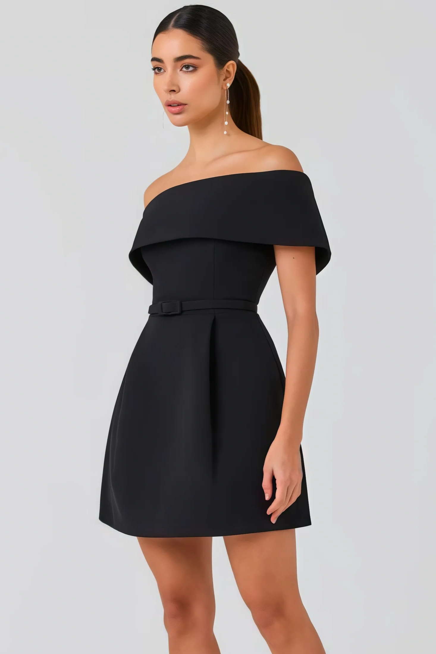 Black strapless mini dress with belt