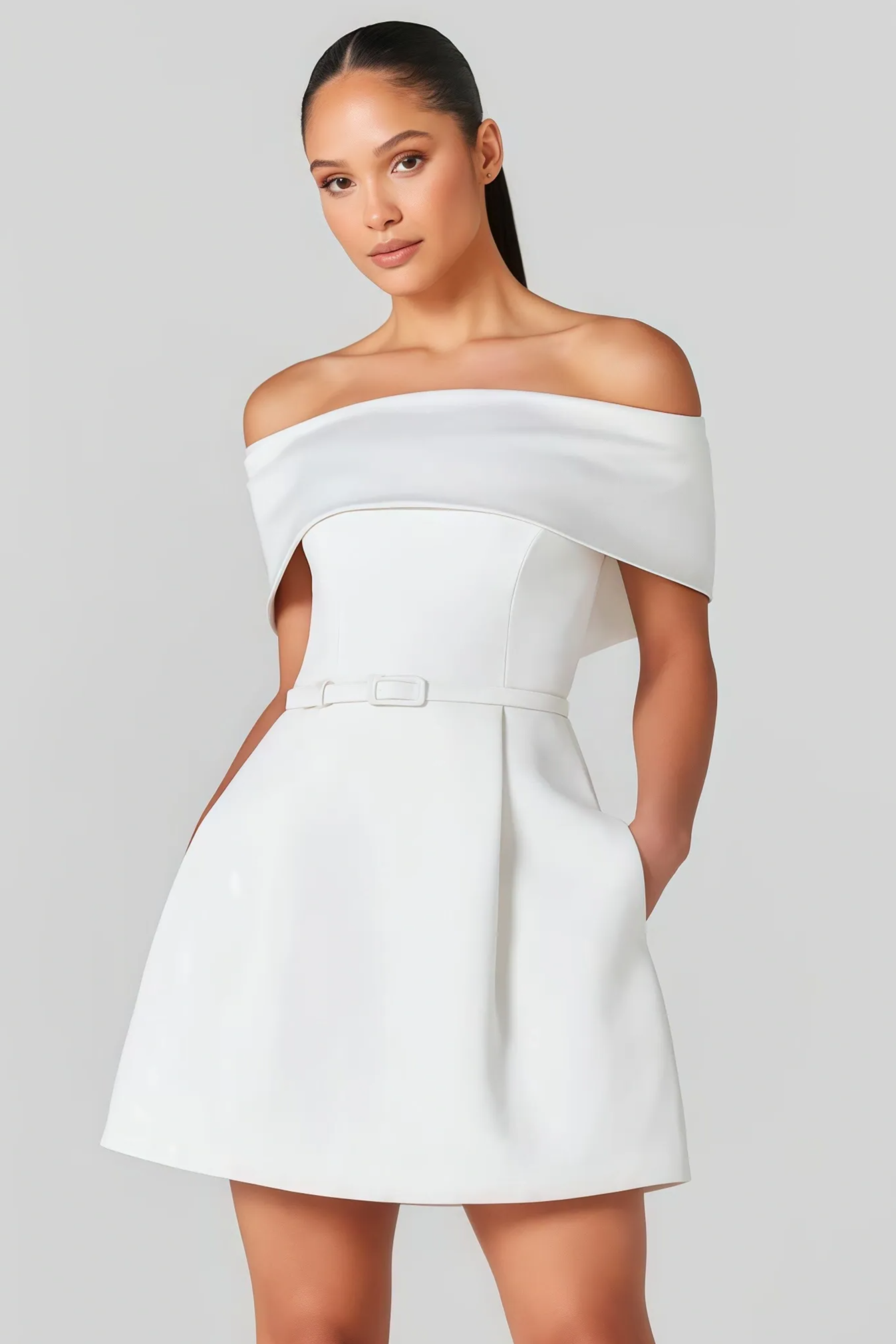 White off-the-shoulder mini dress with belt