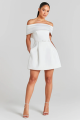 White off-the-shoulder mini dress with belt