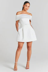 White off-the-shoulder mini dress with knot detail and keyhole
