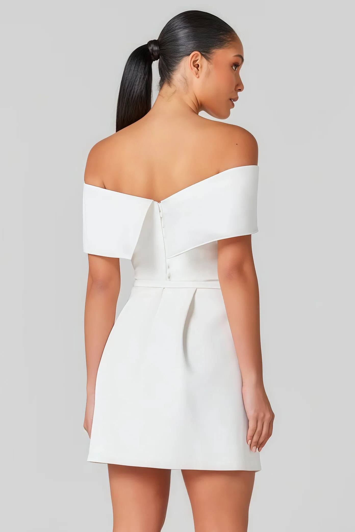 White off-the-shoulder mini dress with belt