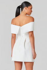 White off-the-shoulder mini dress with belt