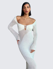 Lyxig vitstickad långklänning