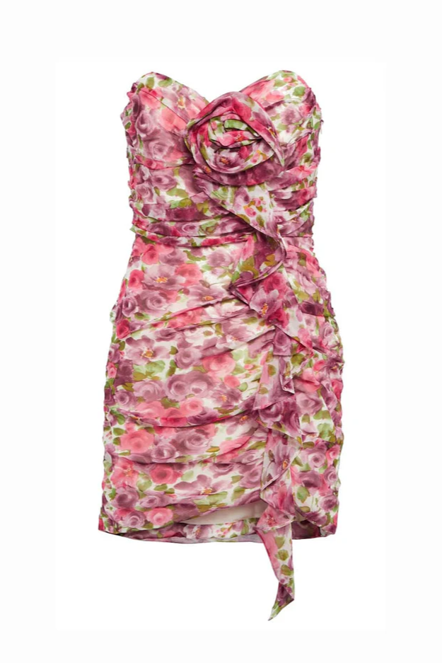 Pink strapless mini dress with pattern and draping