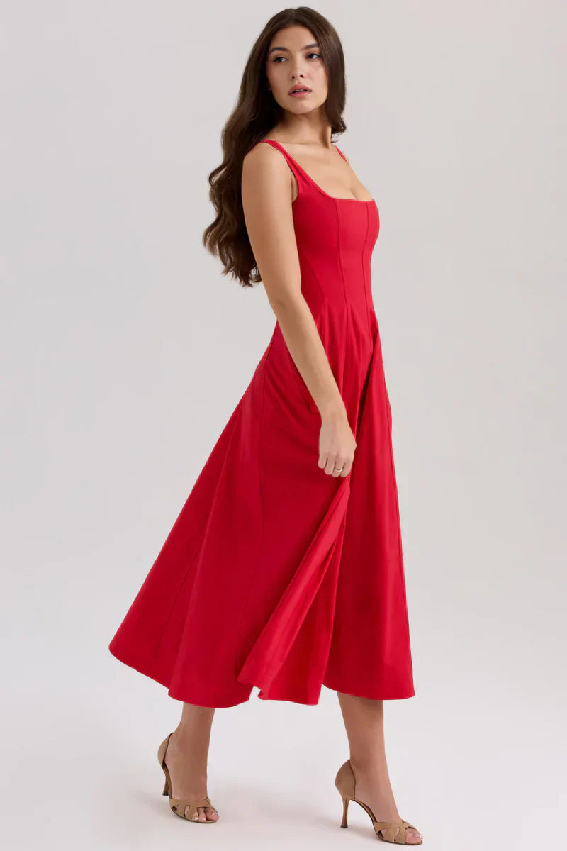 Square Neck Fit and Flare Midi Dress