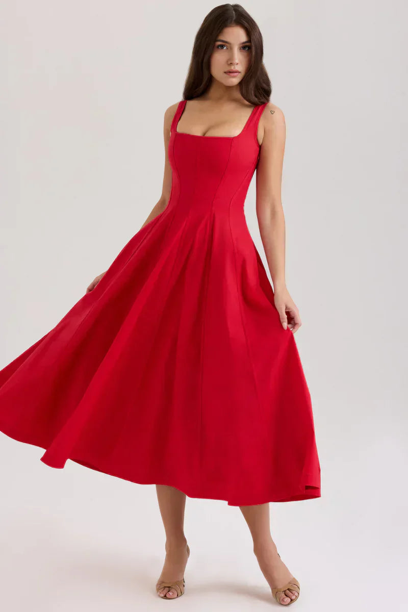 Square Neck Fit and Flare Midi Dress
