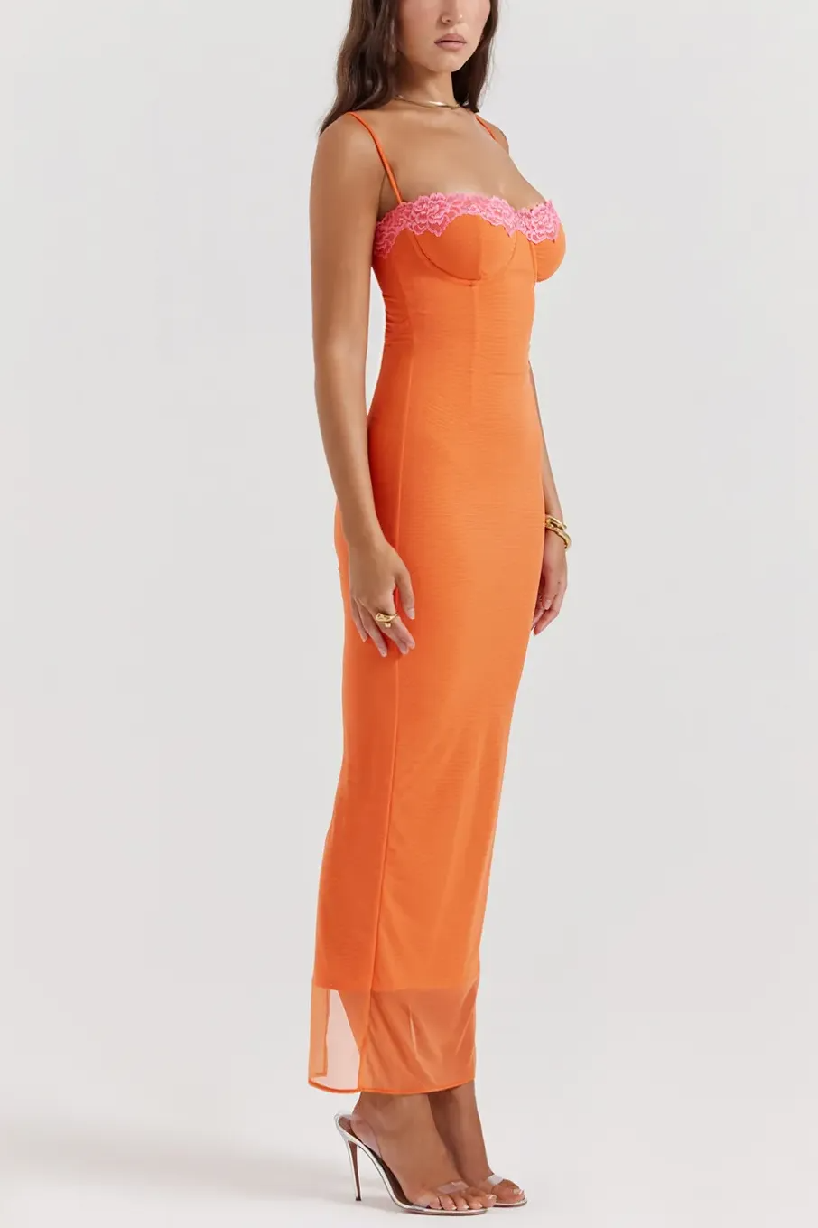 Orange mesh dress with pink lace trim
