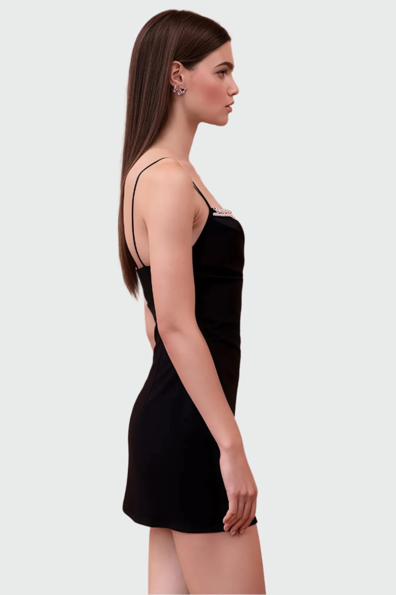 Black mini dress with pearl details