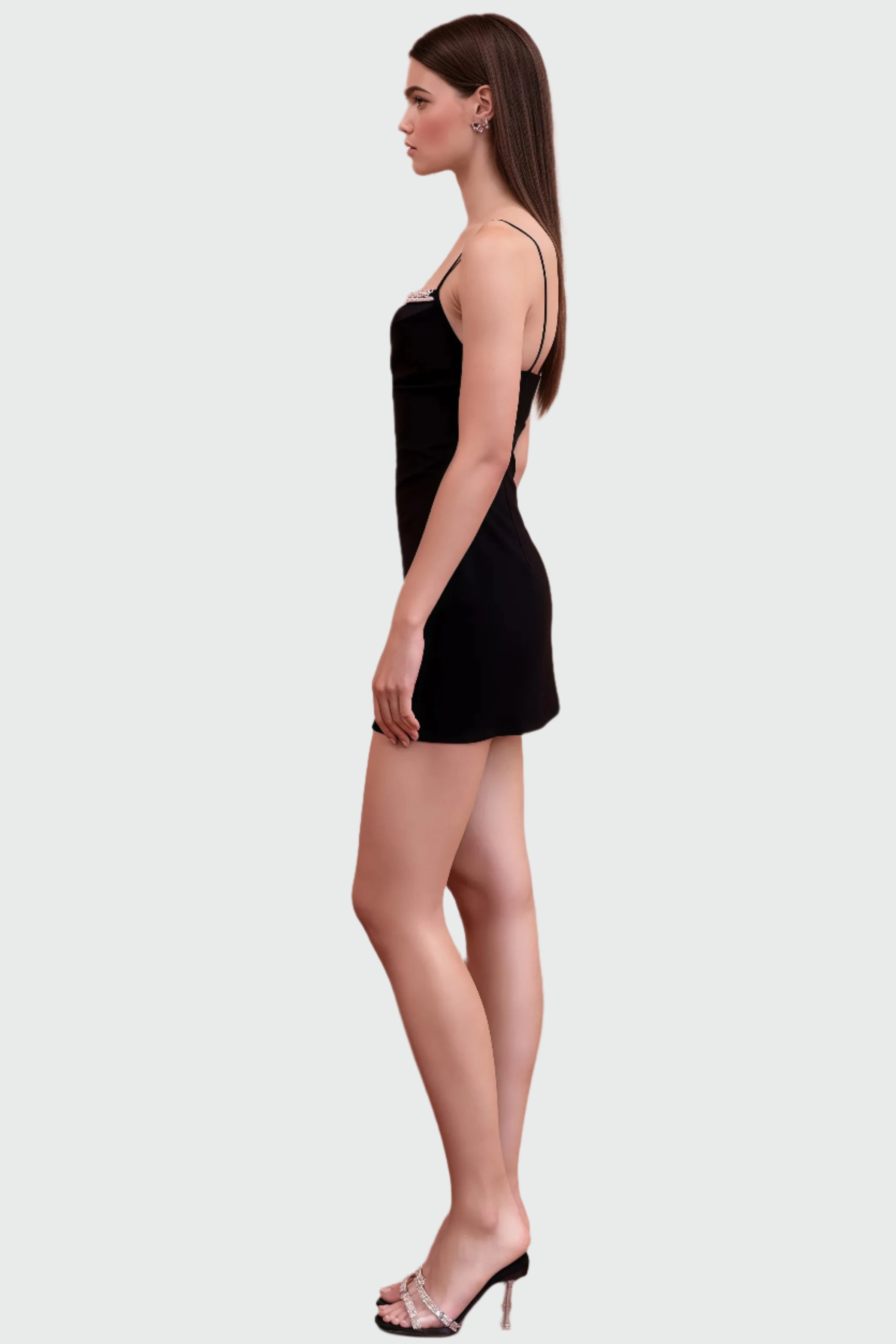 Black mini dress with pearl details