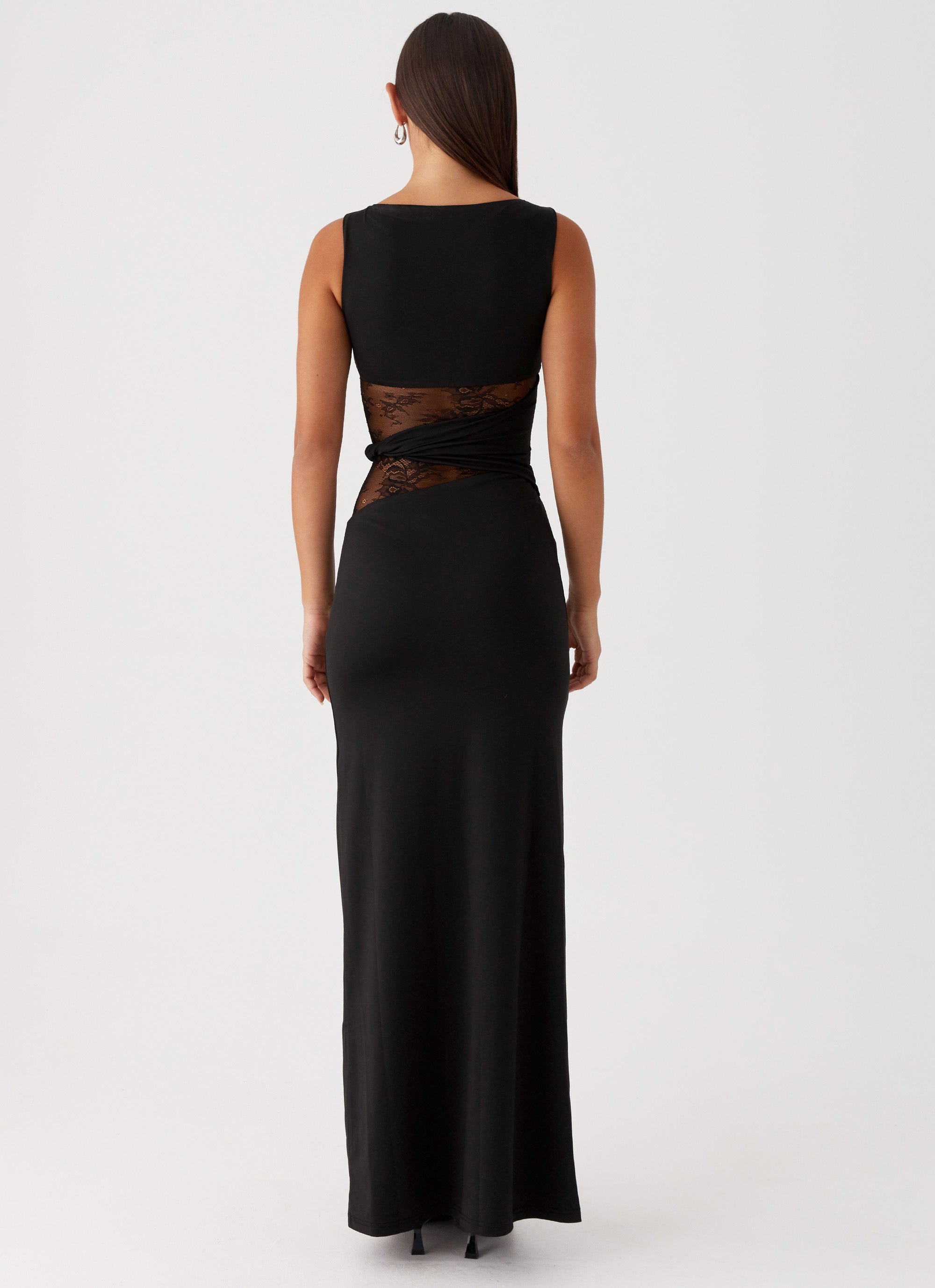 Long black dress with lace inserts