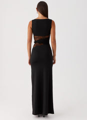 Long black dress with lace inserts