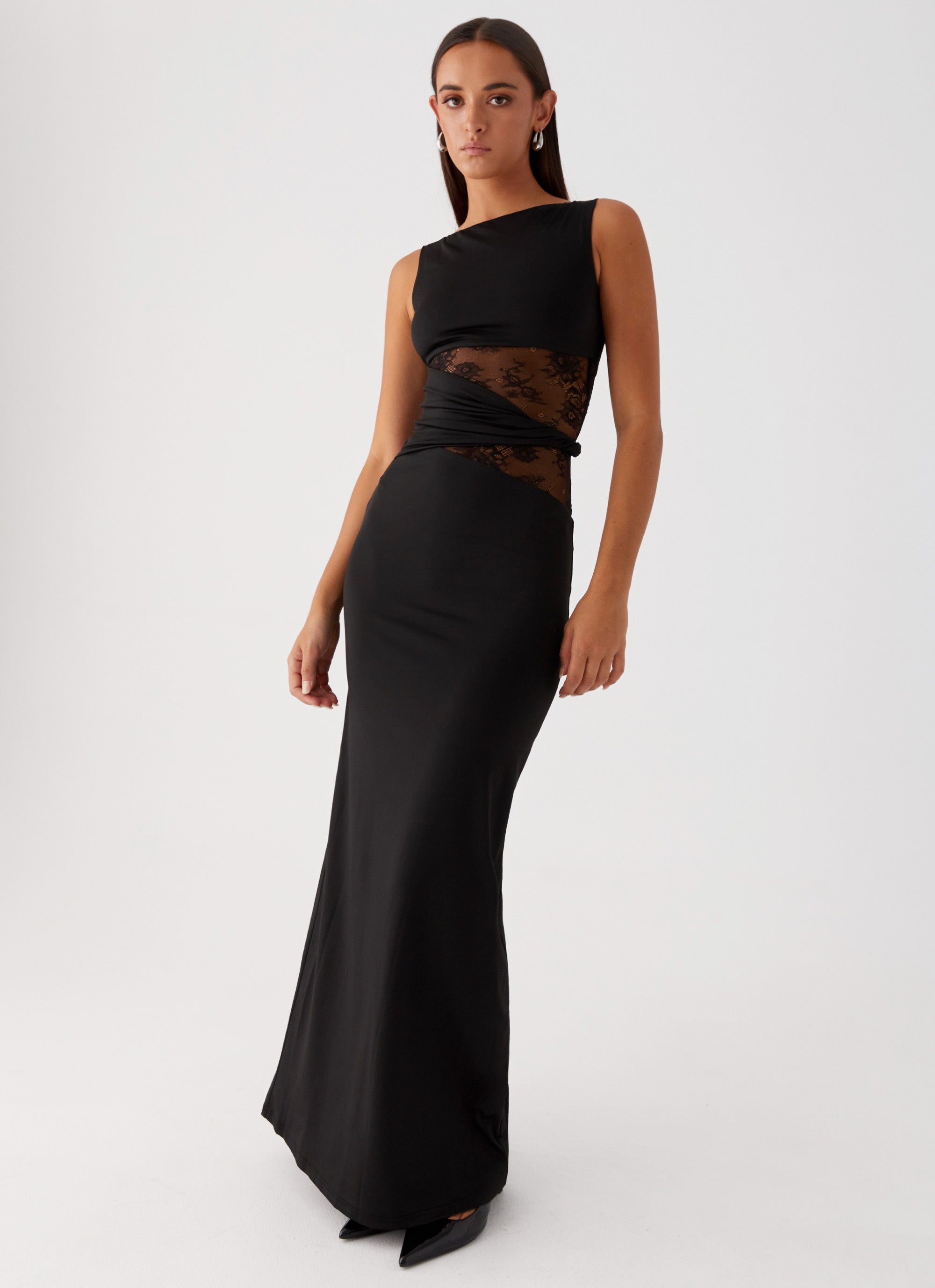 Long black dress with lace inserts