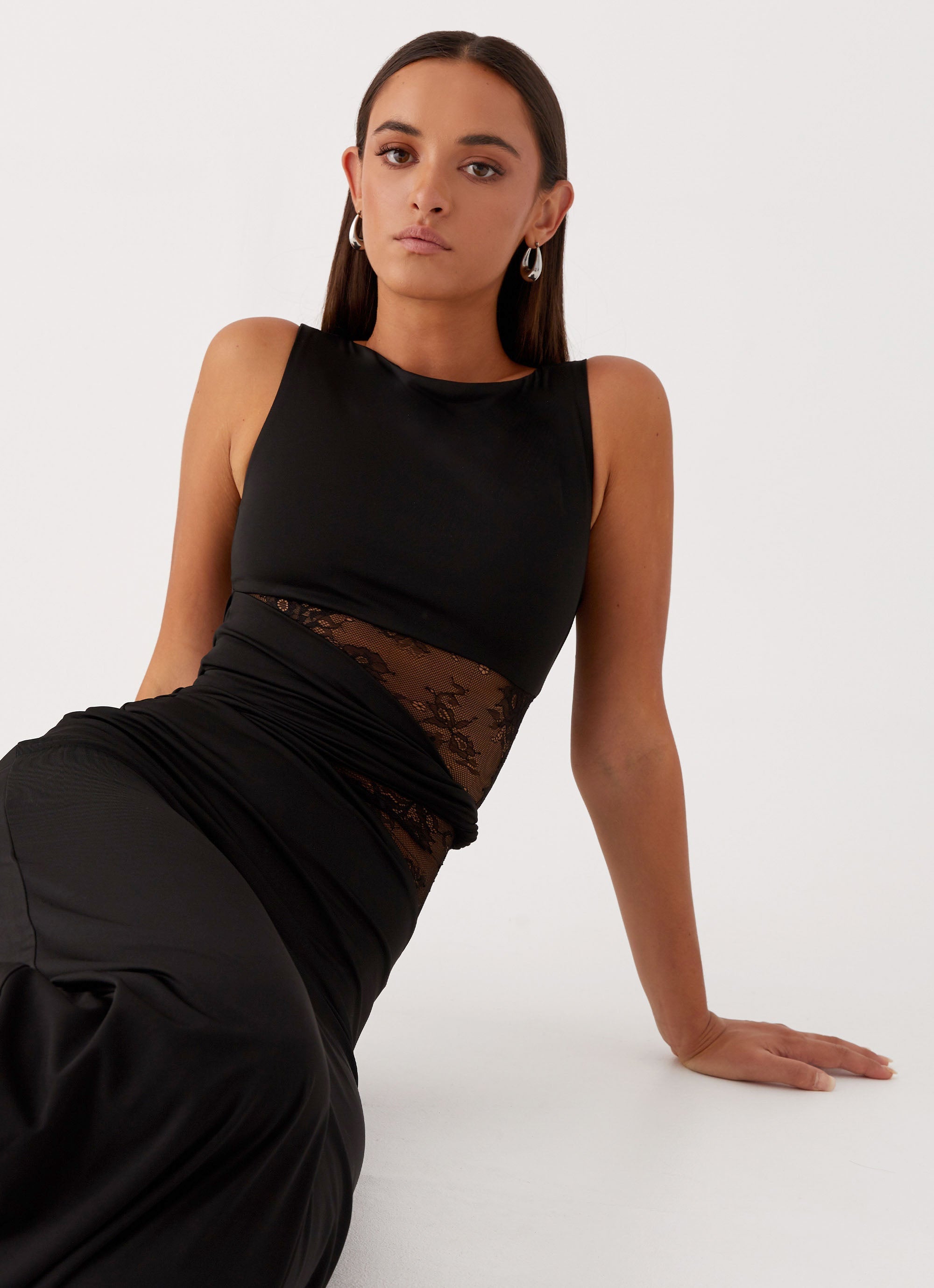 Long black dress with lace inserts