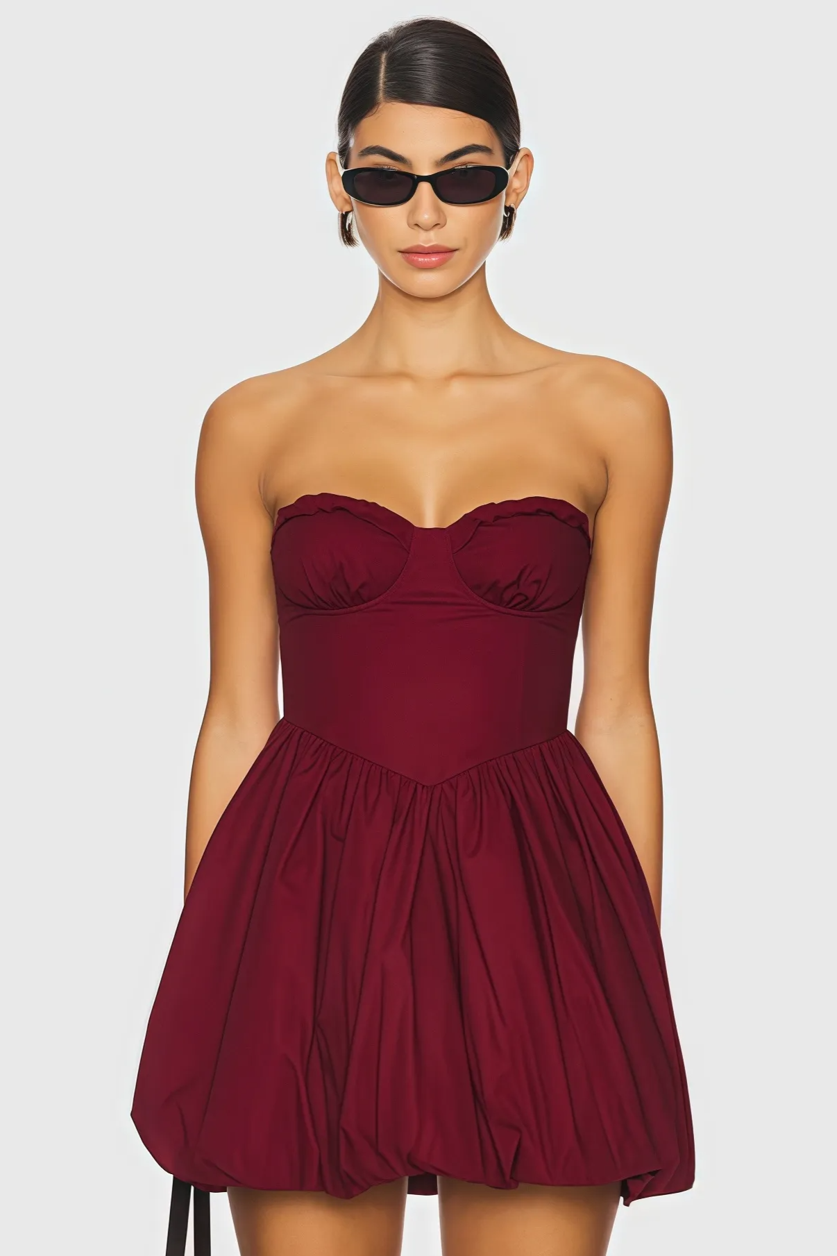 Strapless balloon mini dress with structured cups