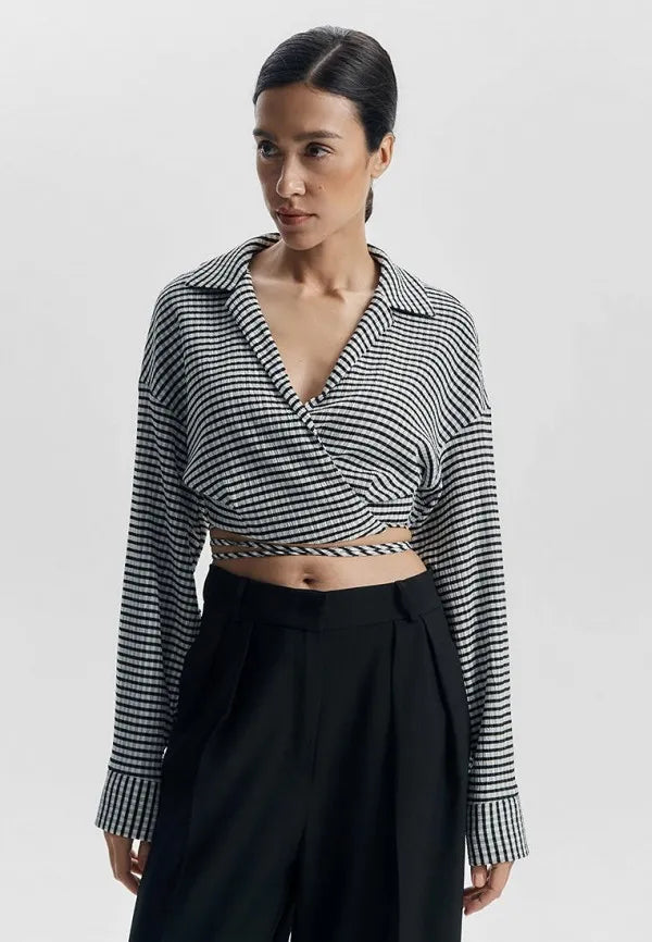Black and white striped wrap top with collar