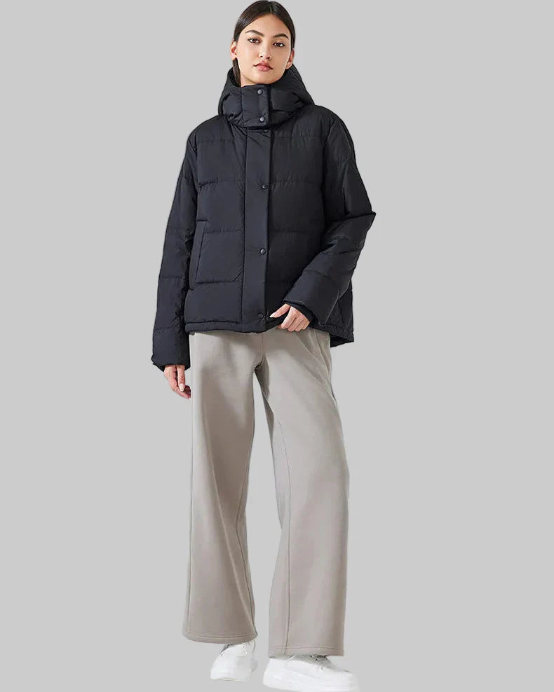 Short puffer jacket with hood and high collar