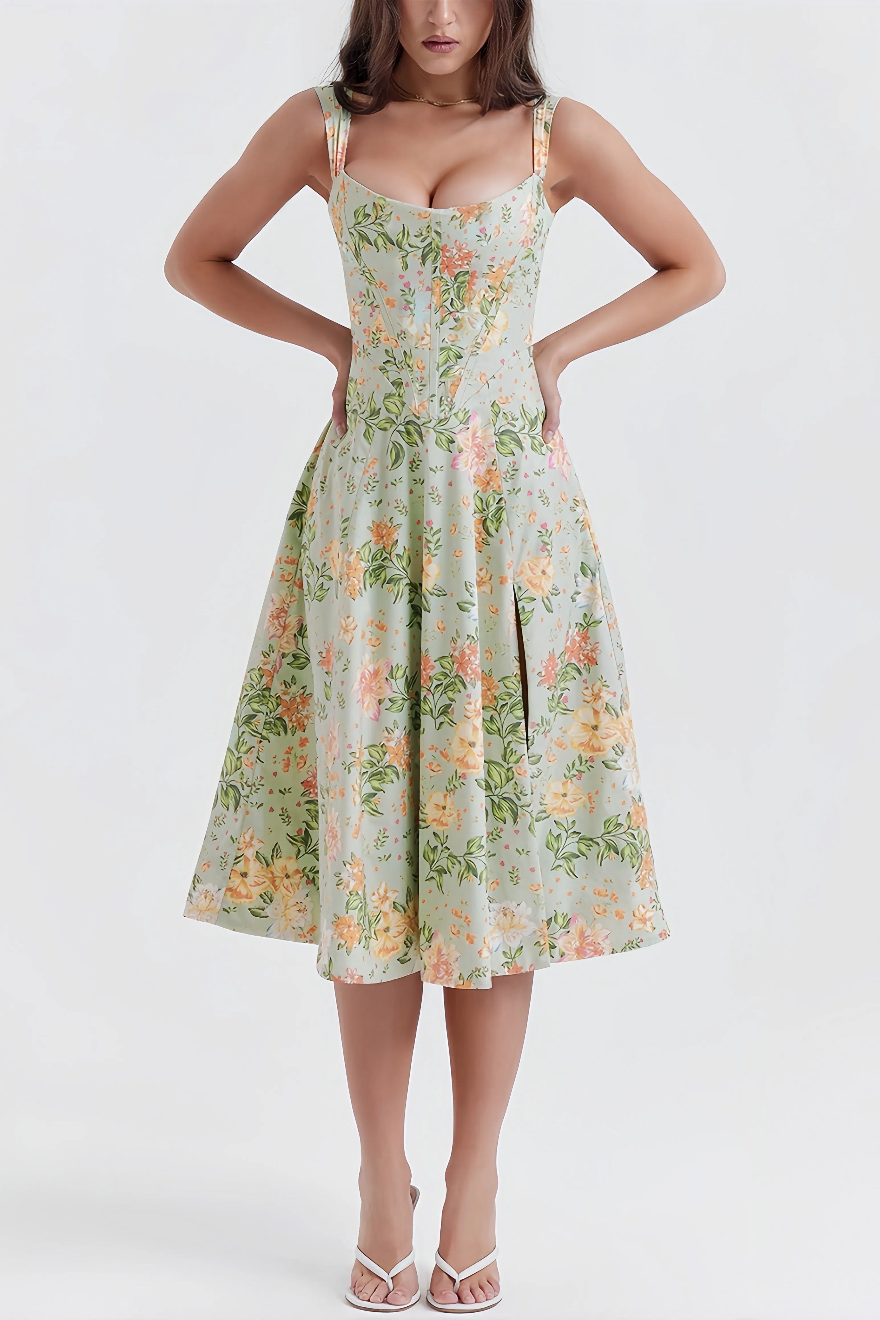 Green floral midi dress with slit