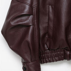 Burgundy biker jacket with belt and high collar