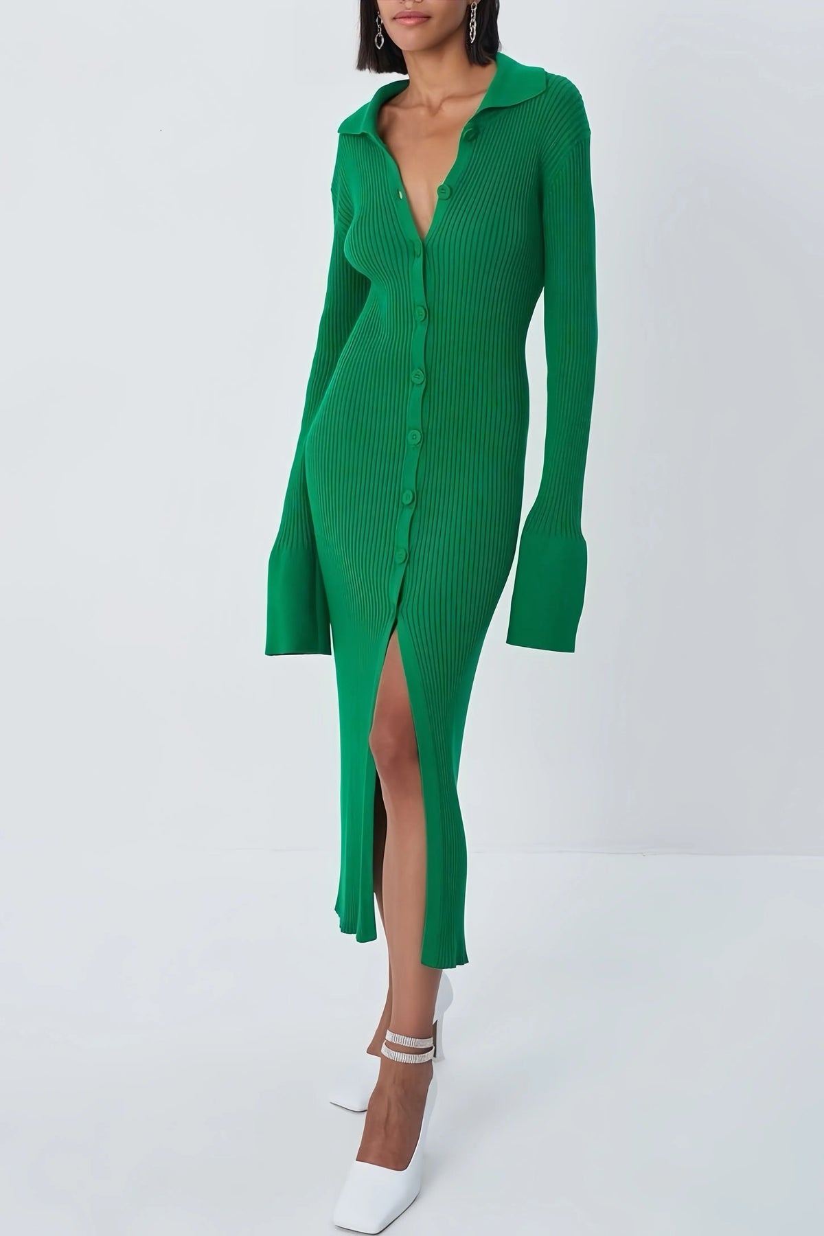 Green ribbed shirt dress with slit