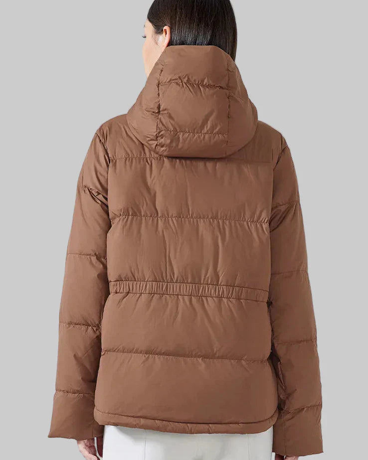 Short puffer jacket with hood and high collar