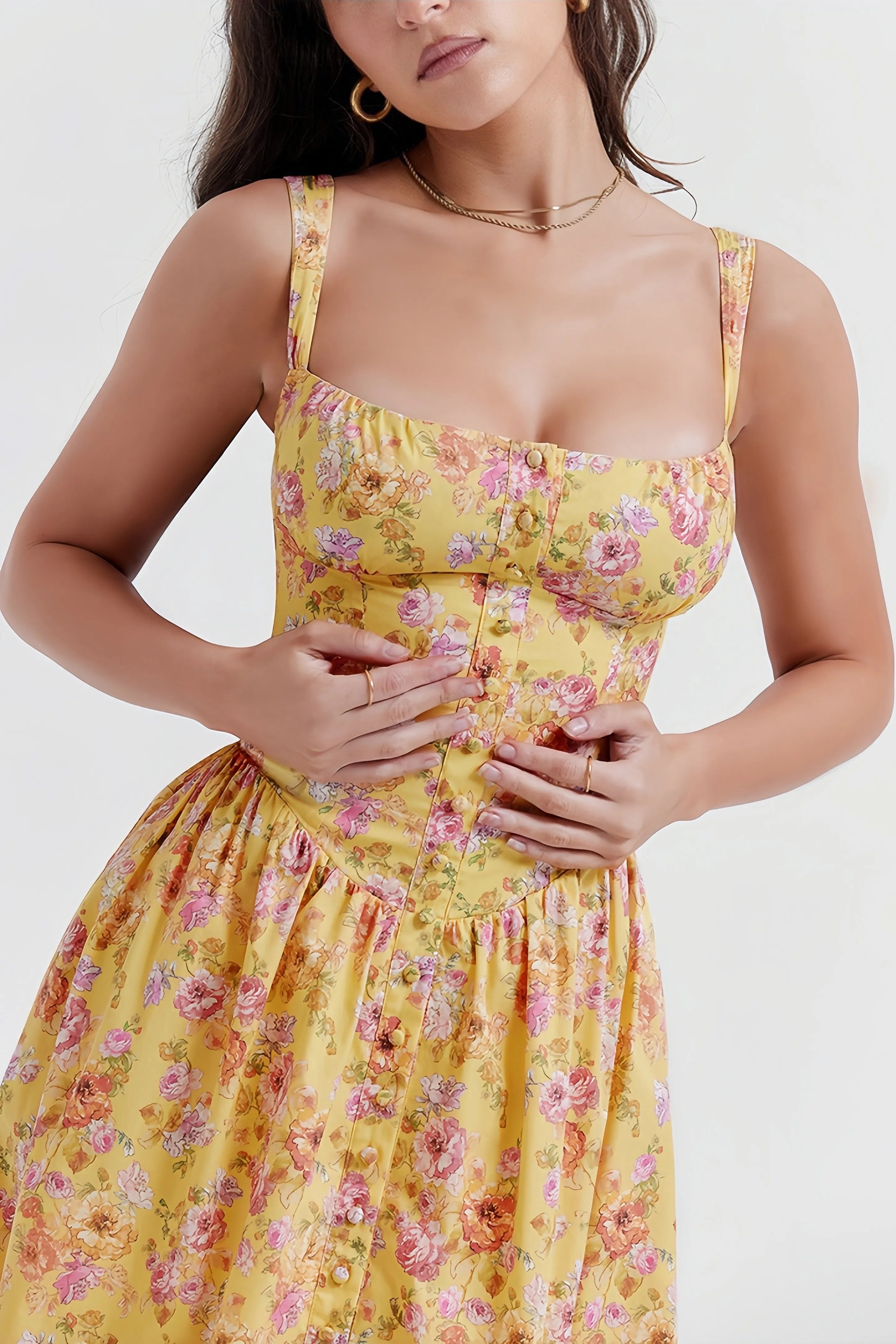 Yellow floral midi dress with fitted waist