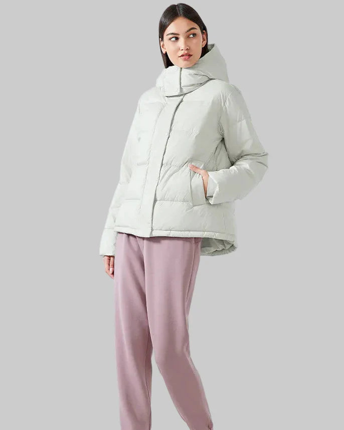 Short puffer jacket with hood and high collar