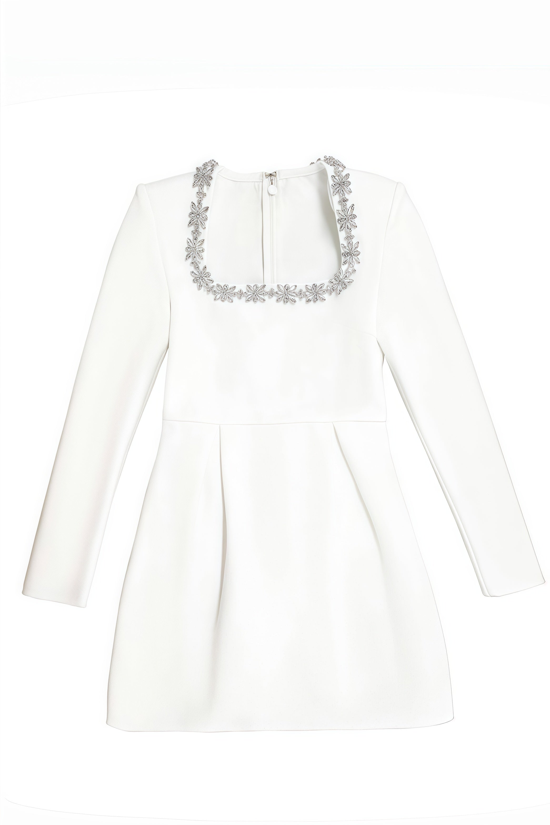 White mini dress with long sleeves and embellished square neckline