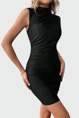 Black sleeveless draped midi dress