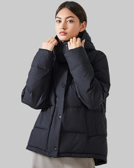 Short puffer jacket with hood and high collar