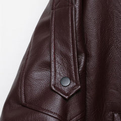 Burgundy biker jacket with belt and high collar