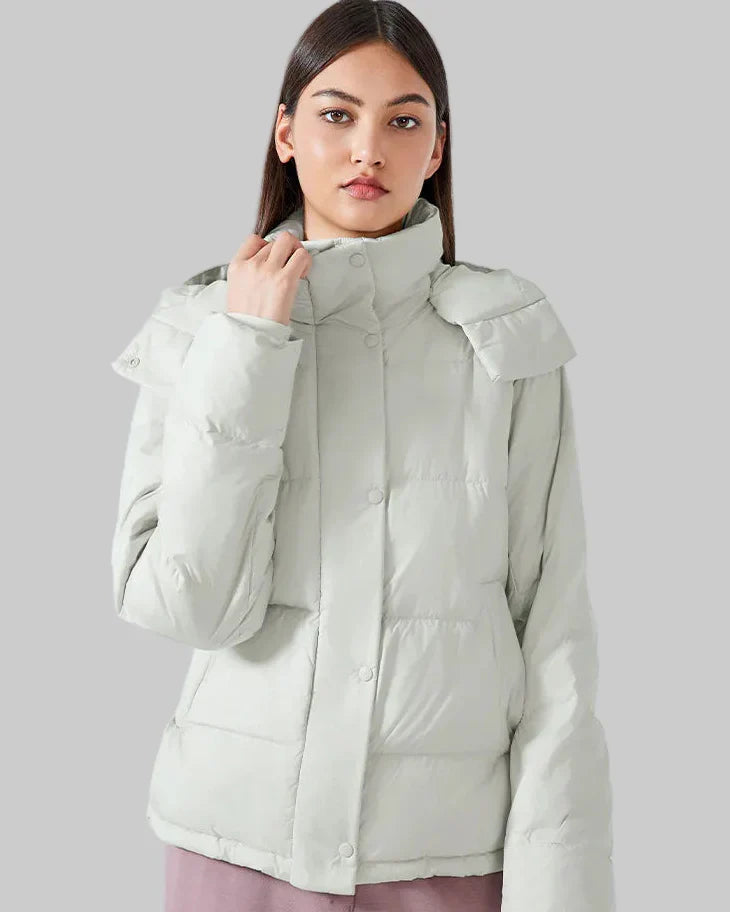 Short puffer jacket with hood and high collar