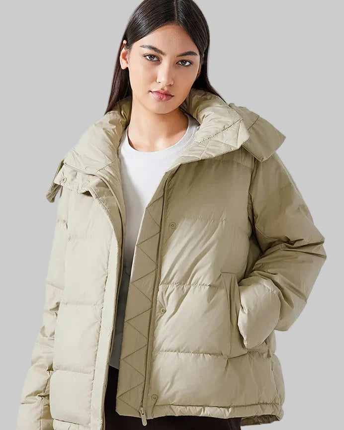 Short puffer jacket with hood and high collar