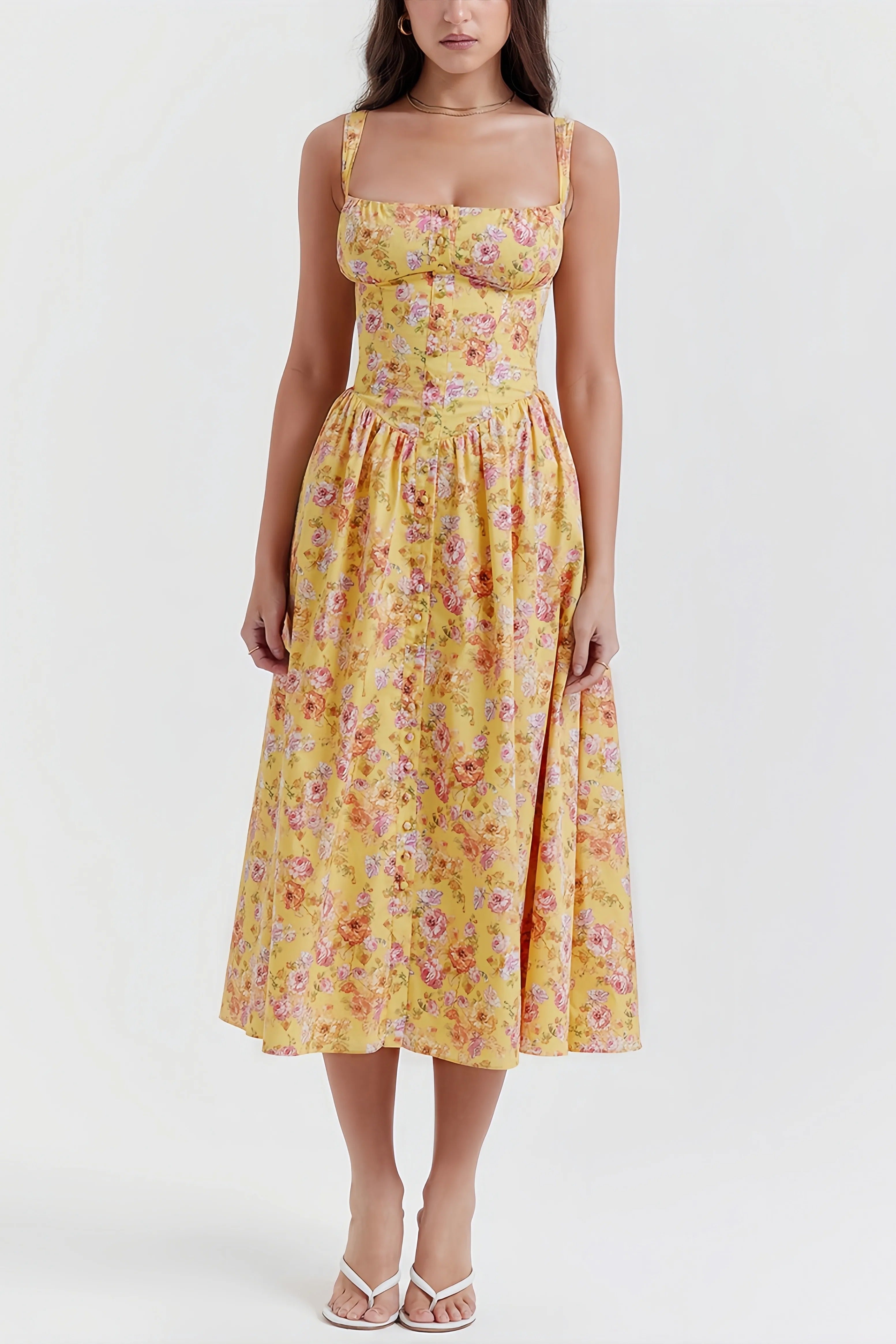Yellow floral midi dress with fitted waist