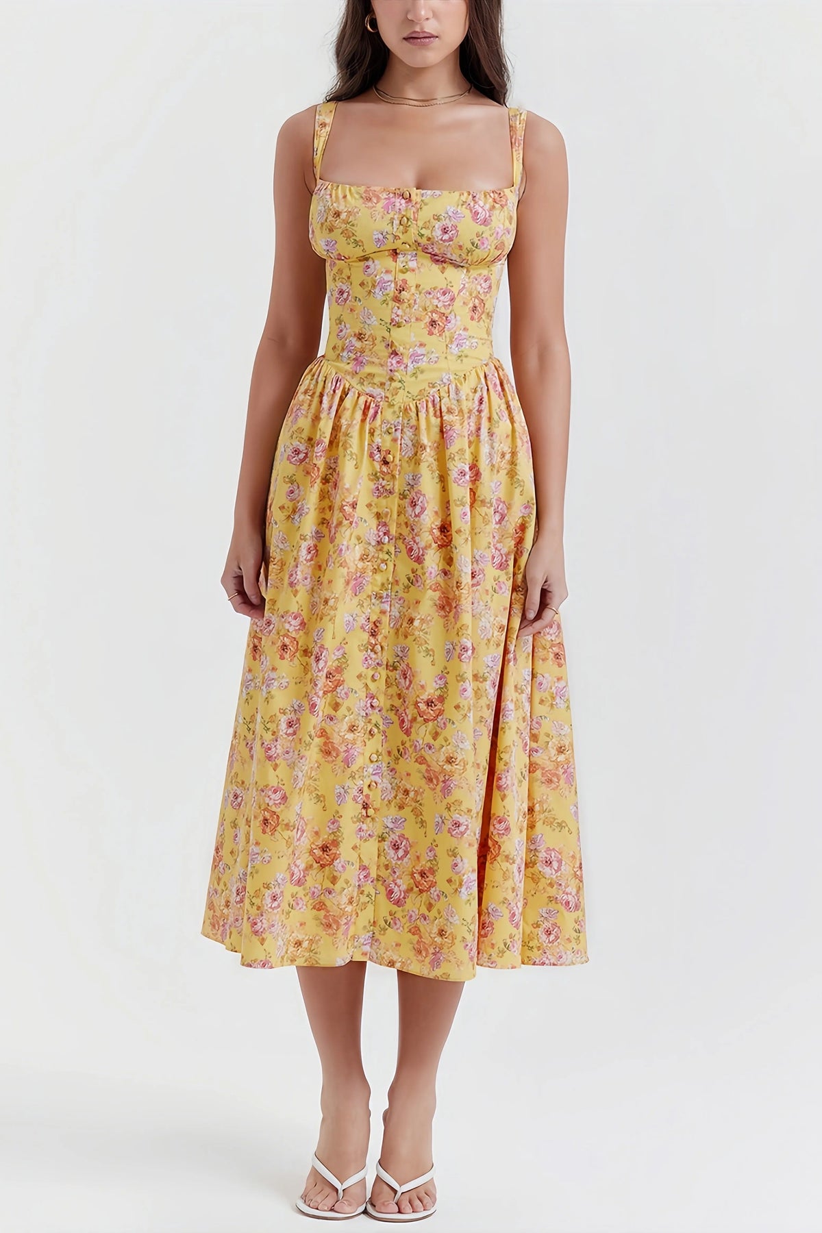 Yellow floral midi dress with fitted waist