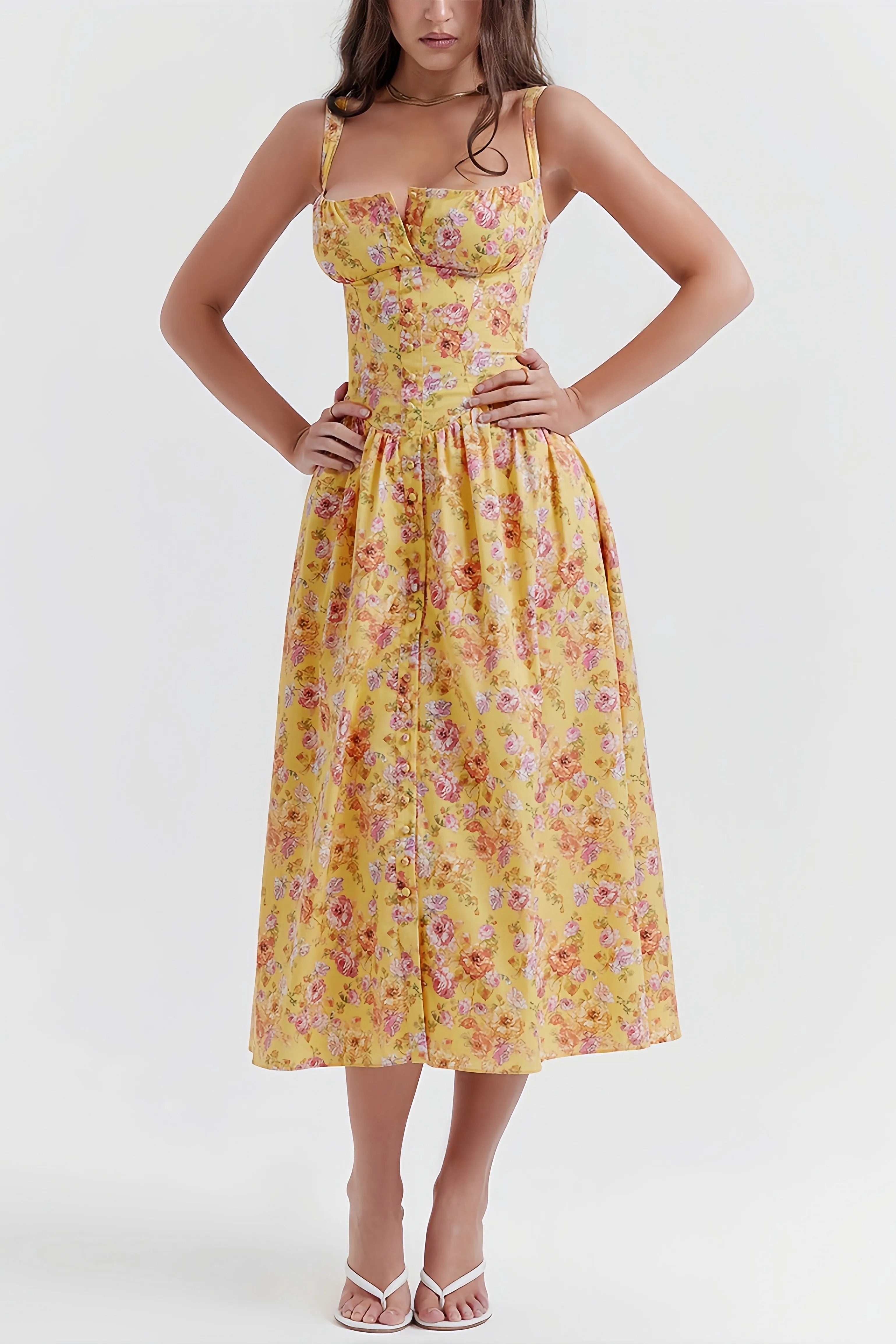Yellow floral midi dress with fitted waist