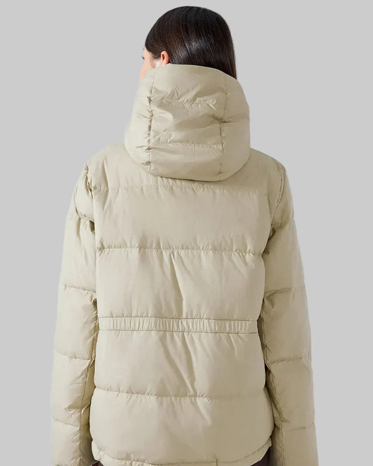 Short puffer jacket with hood and high collar