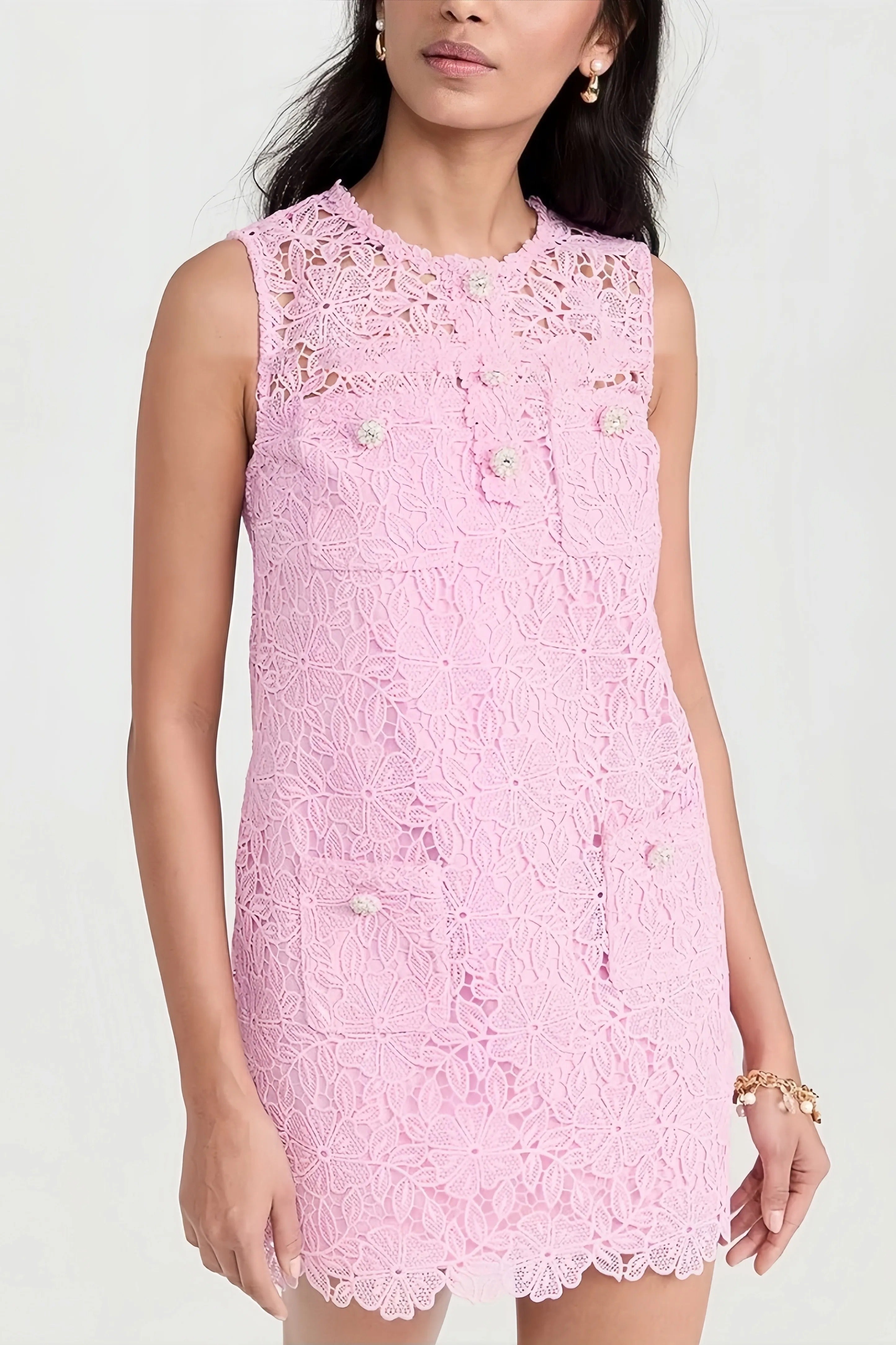 Light pink sleeveless lace mini dress