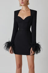 Black mini dress with feather details and long sleeves